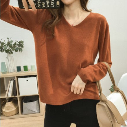Women loose Slimming V-neck Solid Color Long-Sweater