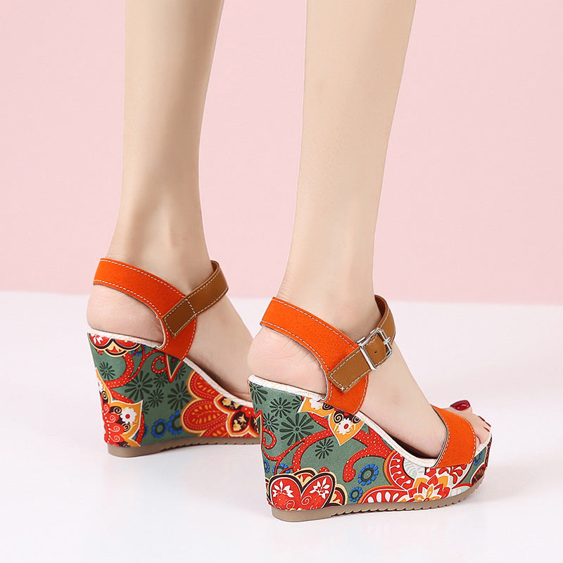 Women's sandals fashionable floral embroidered with high wedge heel for women