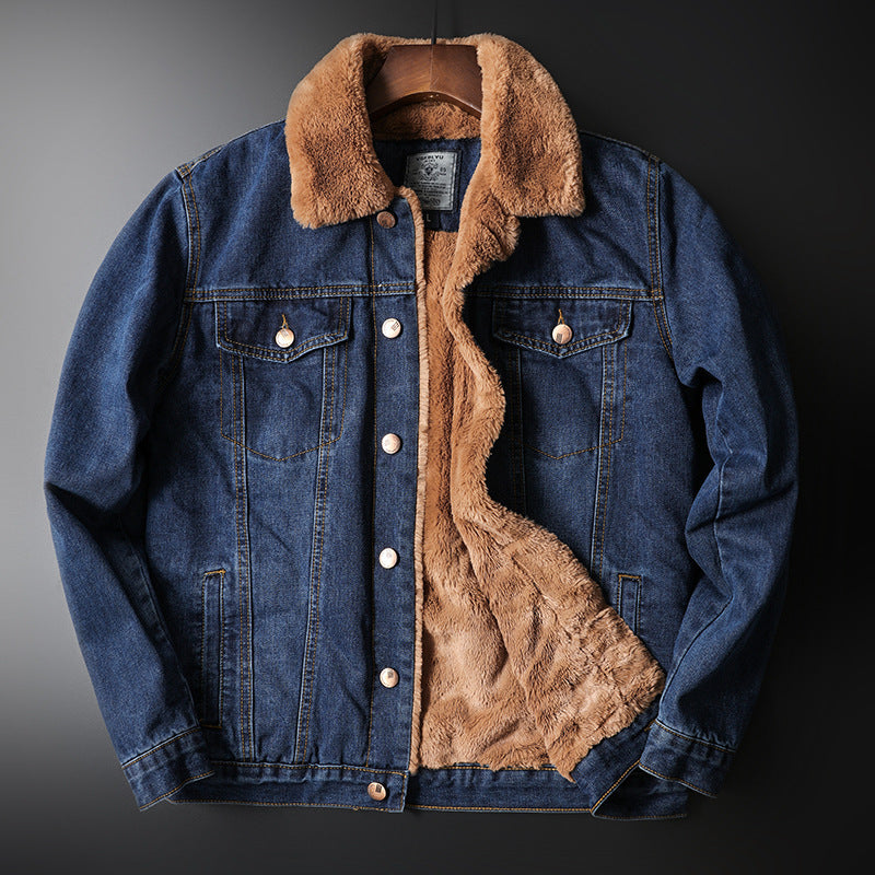 Men's autumn and winter denim jacket, lined with fleece, casual