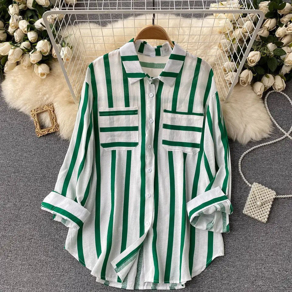 Women's Mid-length Vertical Stripes Multi-color Shirt Coat Casual Loose Top