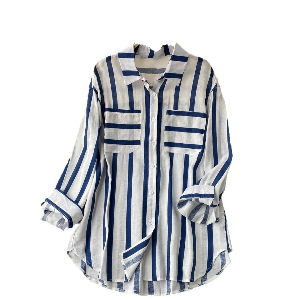 Women's Mid-length Vertical Stripes Multi-color Shirt Coat Casual Loose Top