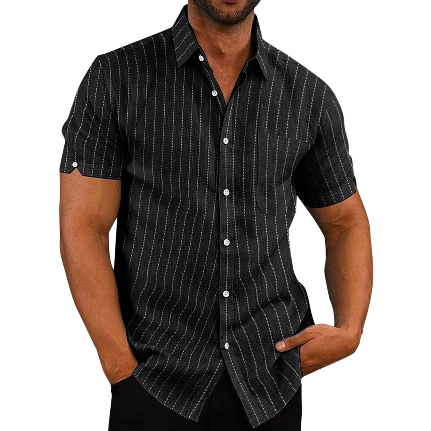 Men's Summer Lapels Short Sleeve Solid Color Buttons Striped Shirt
