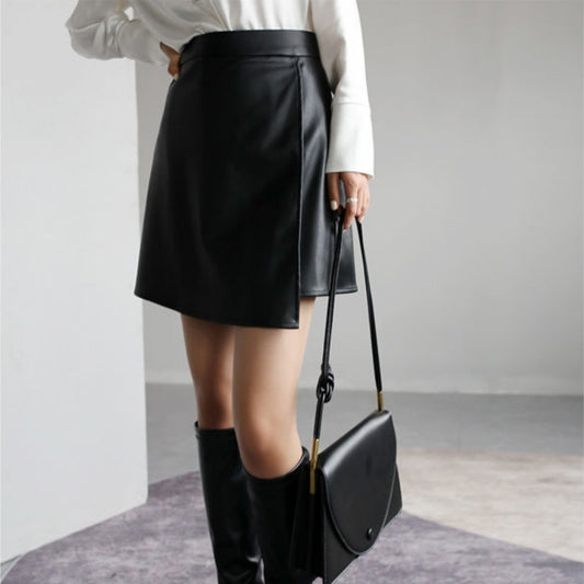 Women's retro high waist PU leather A-line small leather skirt temperament hip skirt skirt