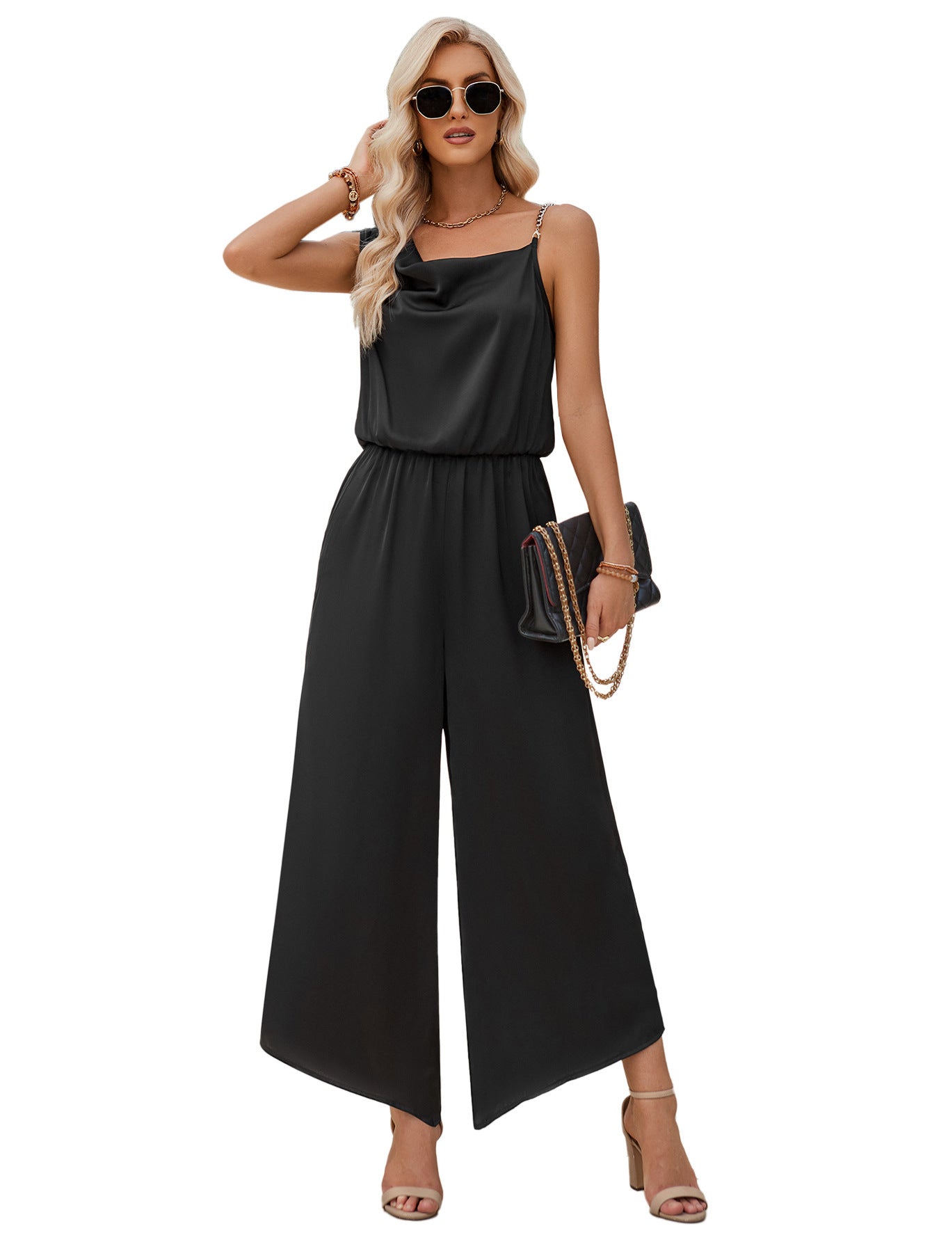 Women Fashion Casual Solid Color Suspender Waist Wide Leg Jumpsuit