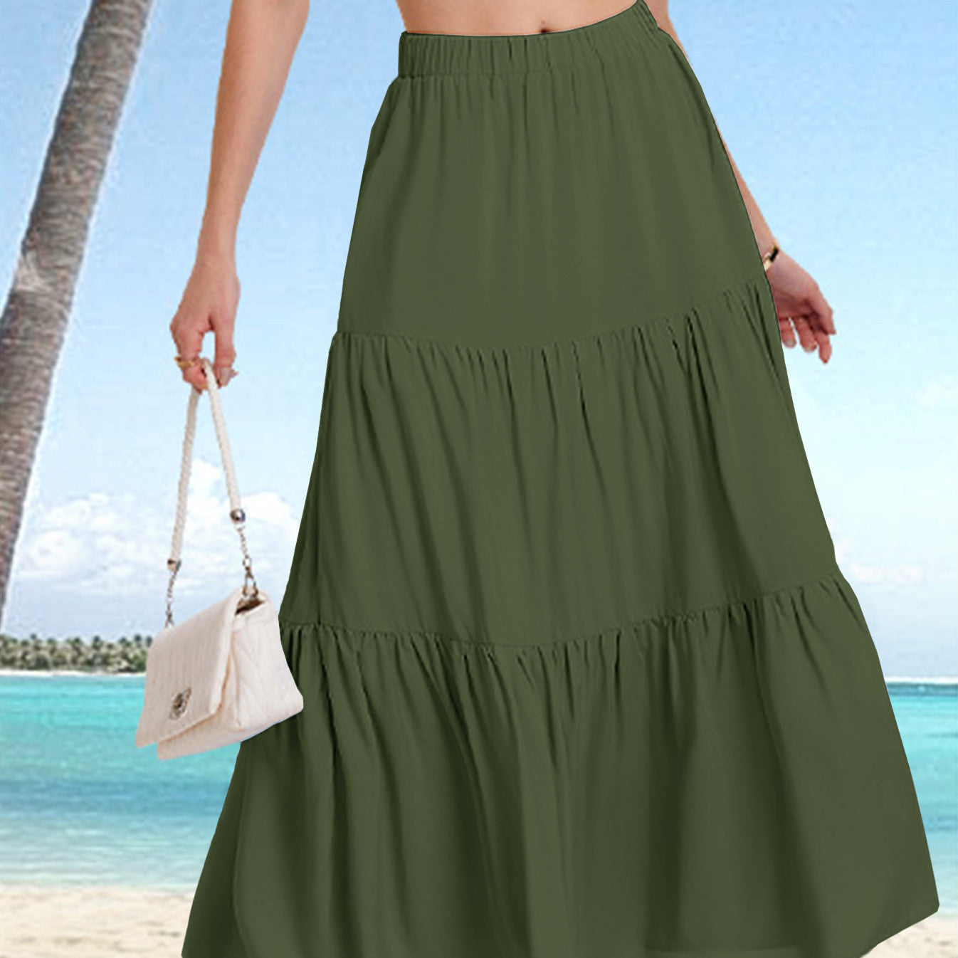 Women's Elastic High Waist Long Skirt Drawstring A- Line