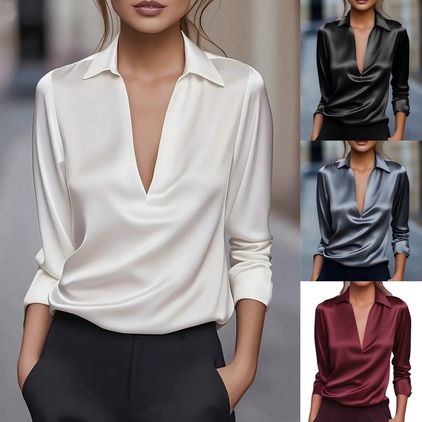 Einfarbiges, schlichtes Langarmshirt mit V-Ausschnitt