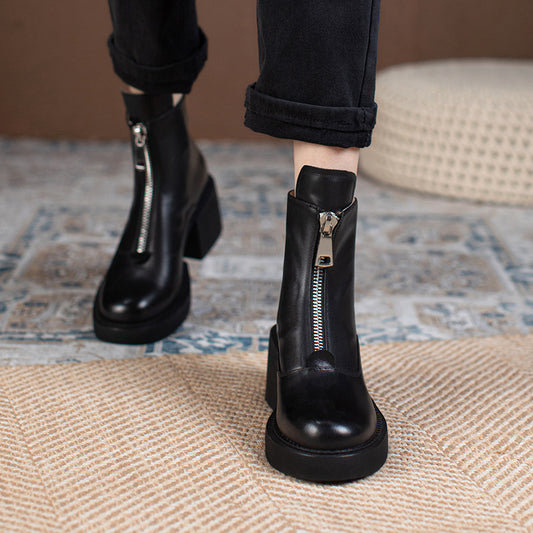 Women's Leather Platform Thick Heel Ankle Boots