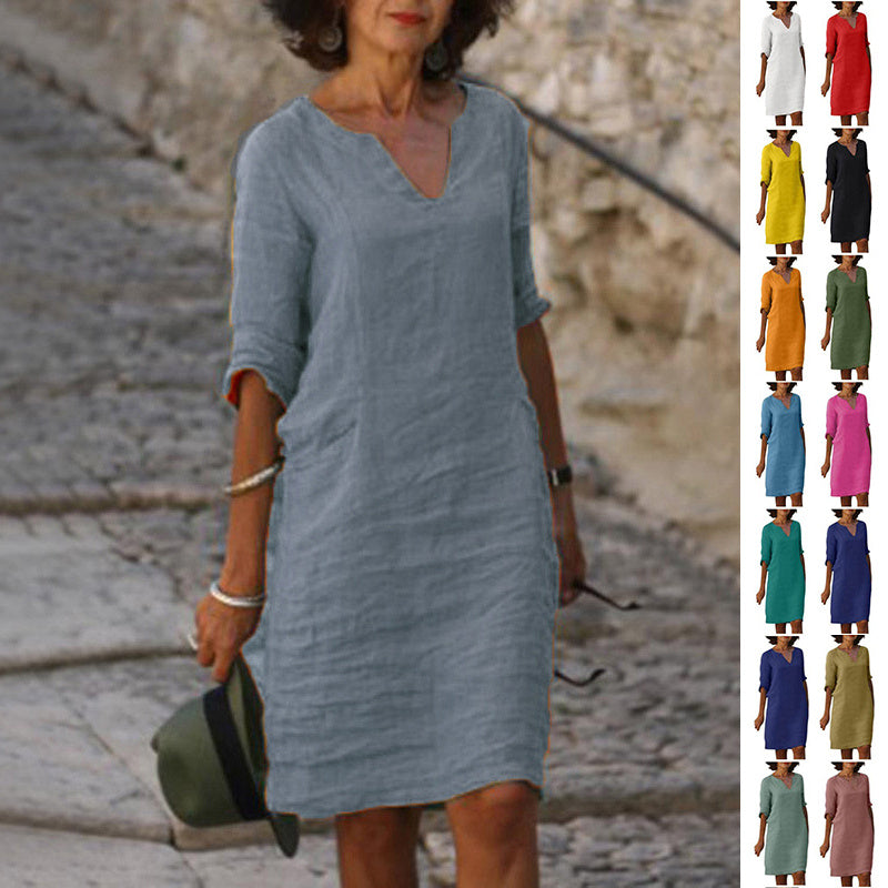 Women Cotton and linen V-neck stitching retro high waist pure color 34 sleeve dress