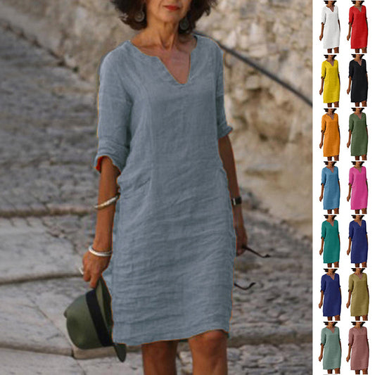 Damen Kleid aus Baumwolle und Leinen mit V-Ausschnitt und hoher Taille, Retro-Stil, reine Farbe, 34 Ärmel