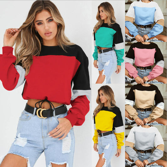 Women Patchwork Round Neck Lace-up Sweater