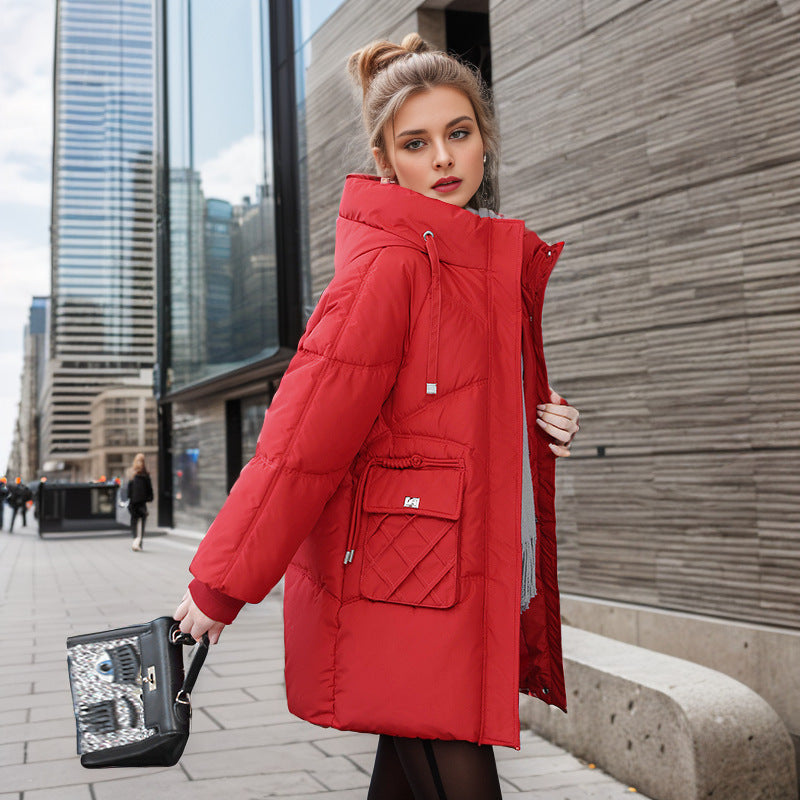 Women's Winter Warm Hooded Coat With Pockets Fashion Solid Color Thicken Straight Cotton Jacket