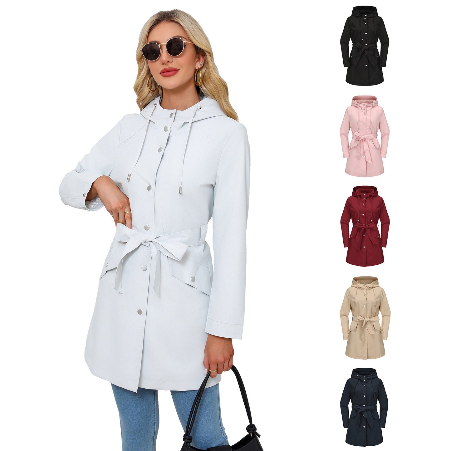 Women's Spring And Autumn New Hooded Waterproof Coat Containing Belt Thin