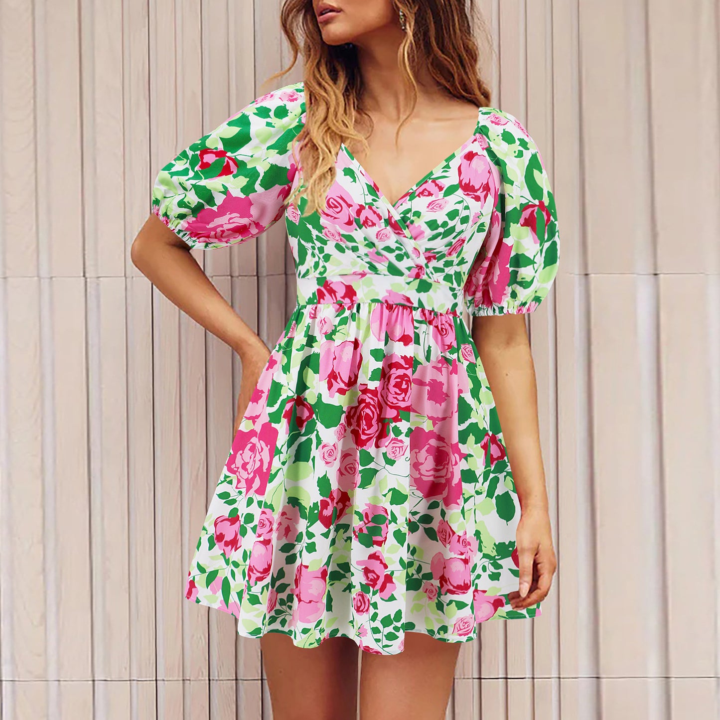 Women floral print V-neck lantern sleeve dress Y2K summer beachwear