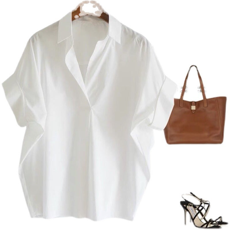 Women's Summer Cotton White Shirt Loose Batwing Sleeve Collar Shirt