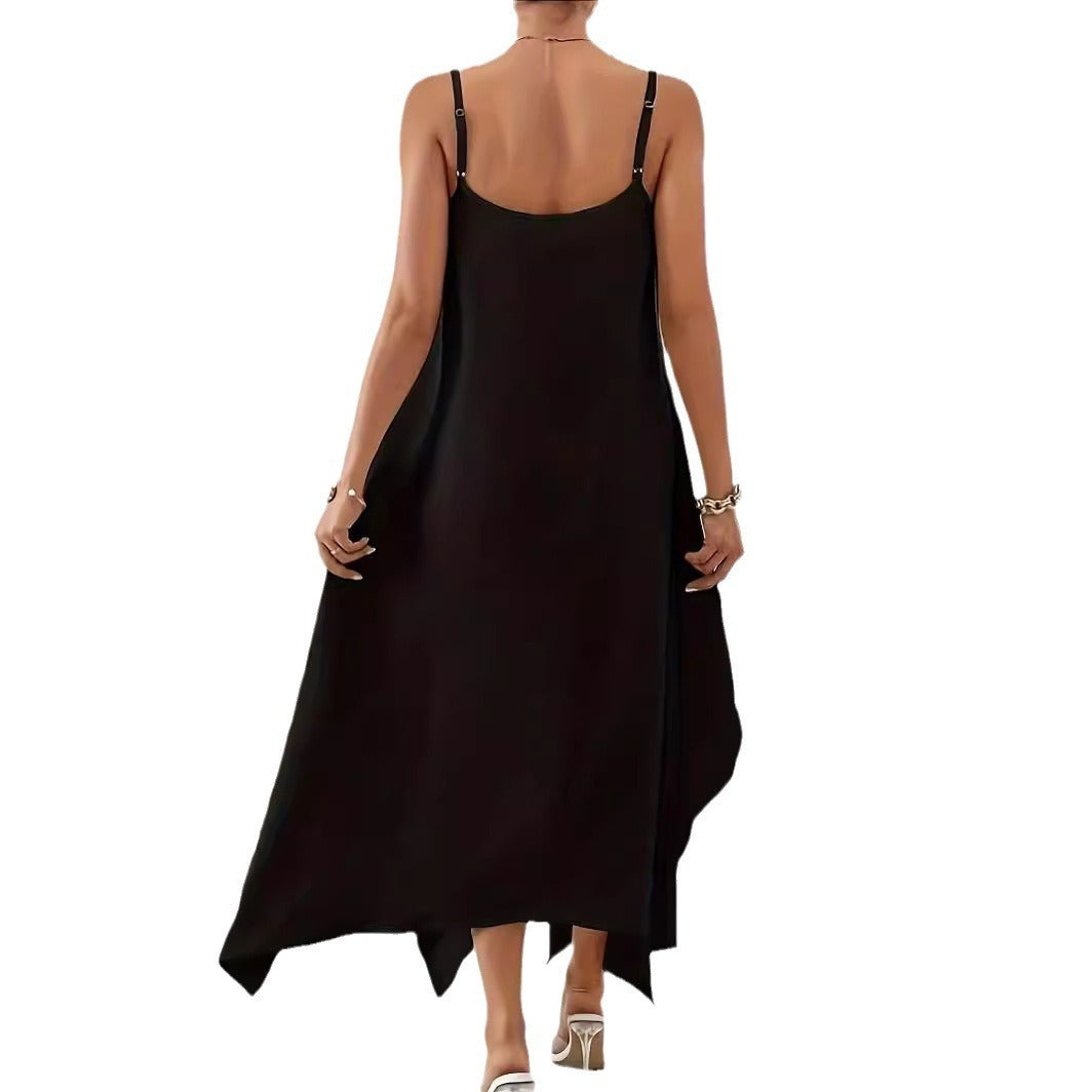 Women Fashion Solid Color Sling Backless Irregular Sleeveless Loose Dress