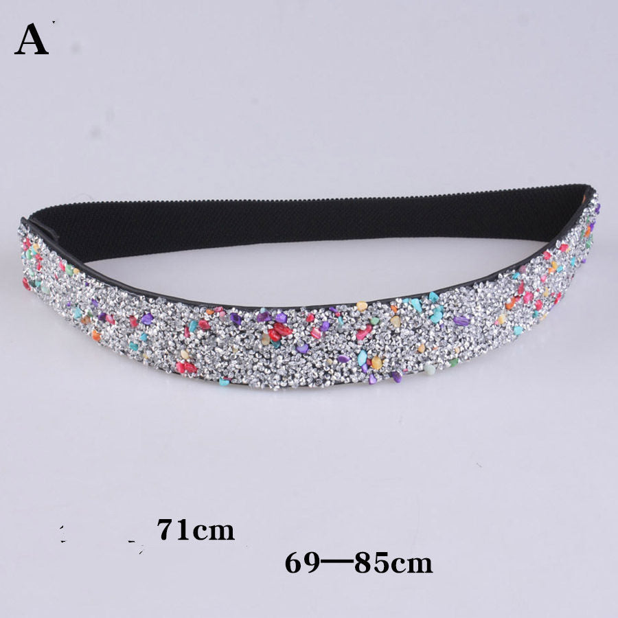 Women's elastic belt with rhinestones, flashing like diamonds