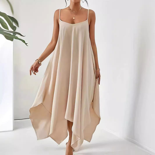 Women Fashion Solid Color Sling Backless Irregular Sleeveless Loose Dress