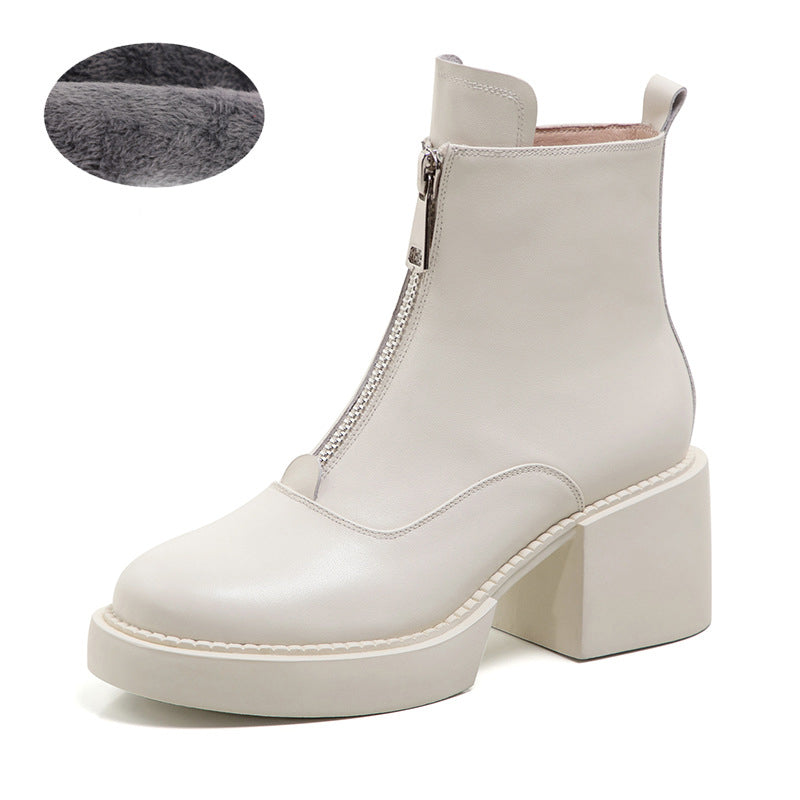 Damen-Stiefeletten aus Leder mit Plateausohle und dickem Absatz