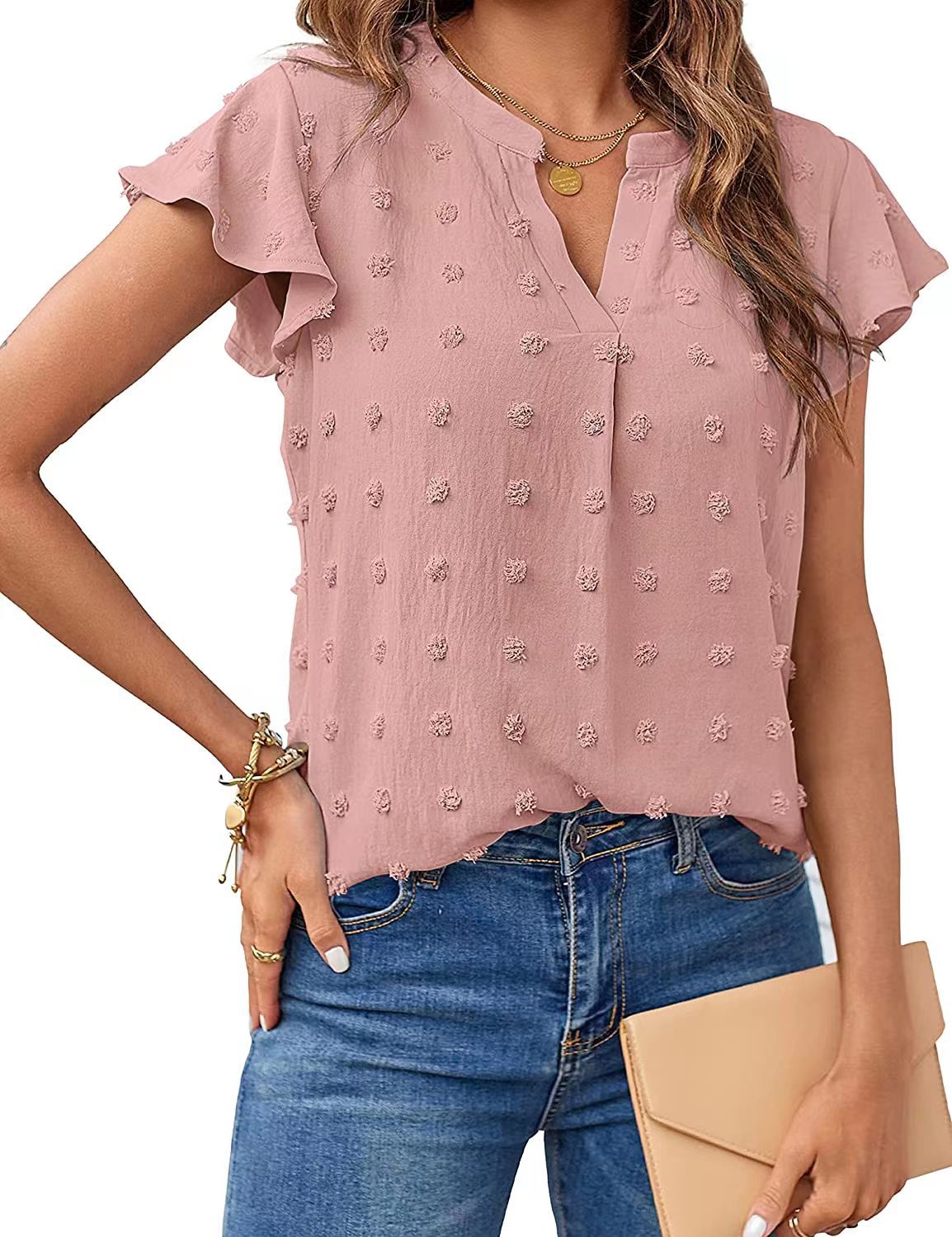 Women Sommer V-Ausschnitt Rüschen Kurzarm Bluse Dot Flowy Shirt Top