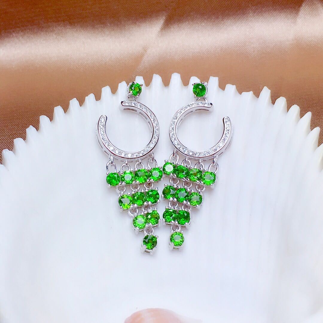 Women's Natural Russian Diopside Earrings Crystal Transparent Full Body S925 Silver