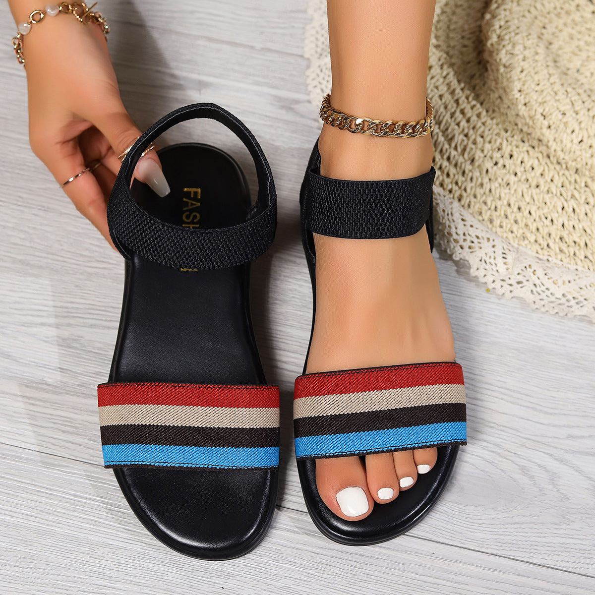 Women Fashion Color-Block Elastic Sandals Summer Fashion Fish Mouth Flat Shoes