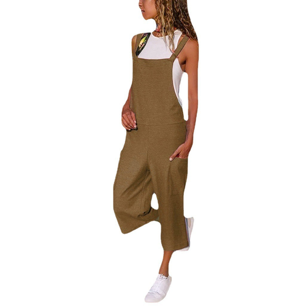 Damen lässiger Jumpsuit aus Baumwolle und Leinen mit langem breiten Bein