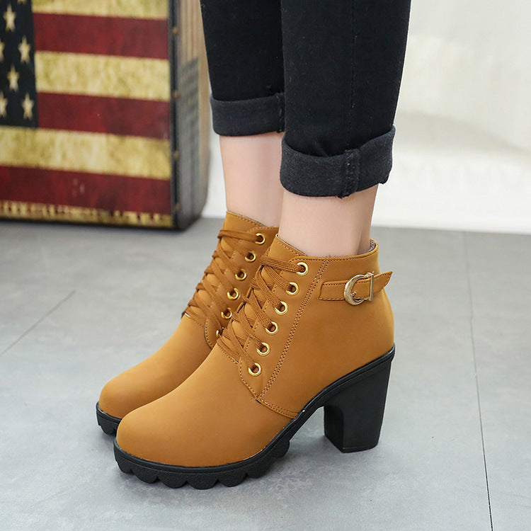 Women's boots with a chunky block heel and buckled ankle boots