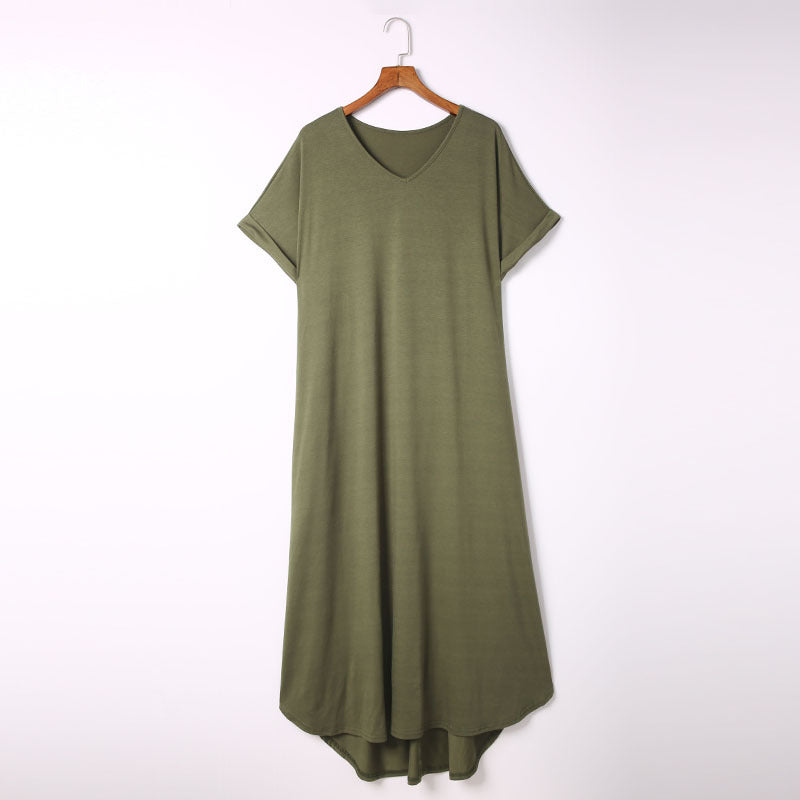 Women Short Sleeve Loose And Simple V-neck Dress