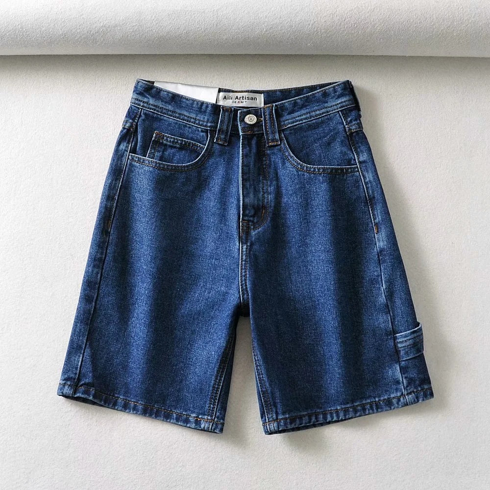 Herren-Jeansshorts mit hoher Taille und Taschen-Jeansshorts, die die Beine als Arbeitskleidung lang erscheinen lassen