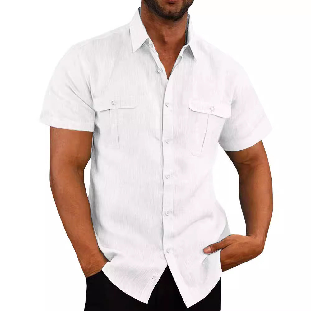 Men's Shirt Double Pocket Cotton Linen Short Sleeve Shirt