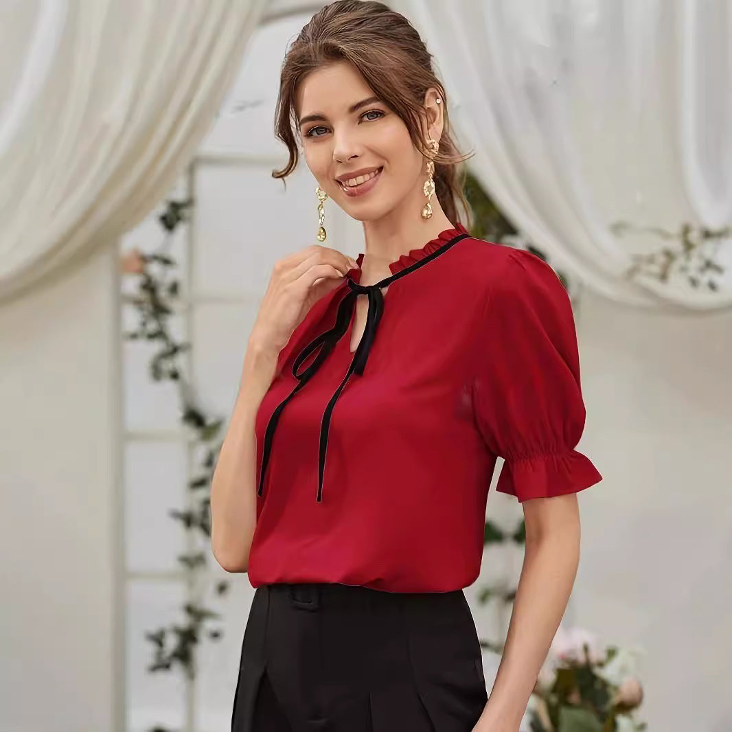 Women's Elegant Tie Long Ruffle Sleeve Shirt