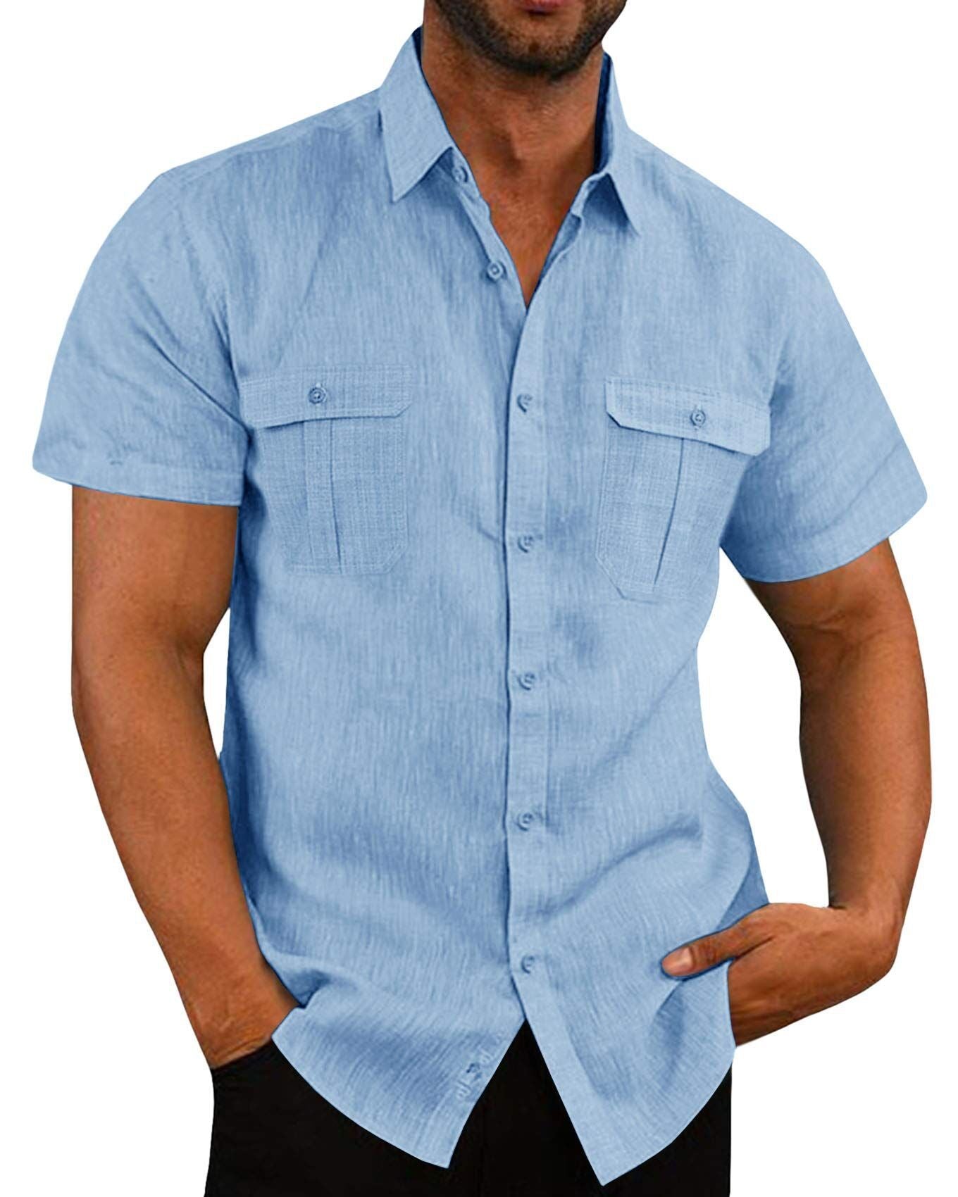 Men's Shirt Double Pocket Cotton Linen Short Sleeve Shirt