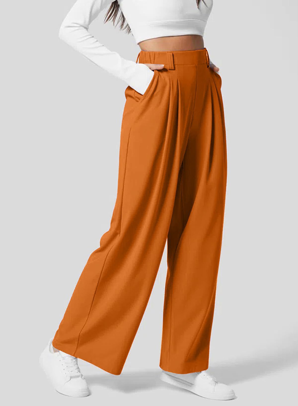 Women's wide leg pants elastic high waist waffle knit casual