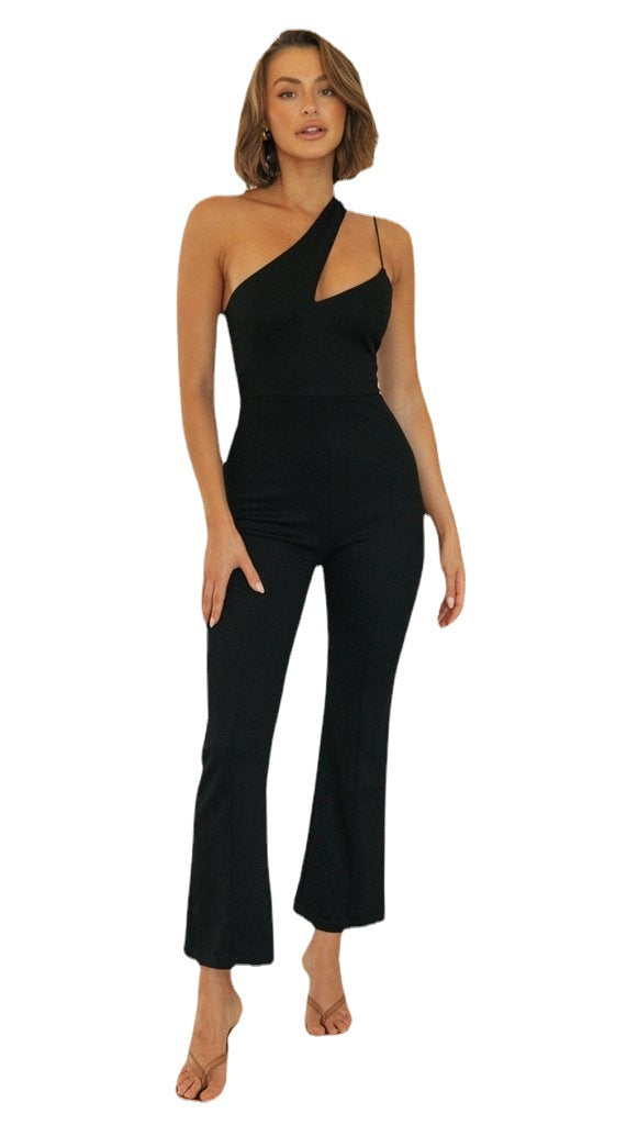 Women's Fashion Solid Color Sloping Shoulder Slim Jumpsuit