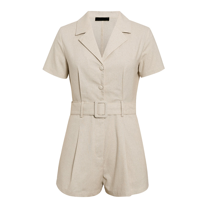 Women's Casual Style Button Short-sleeved One-piece Suit With Collar And Belt Short Jumpsuit