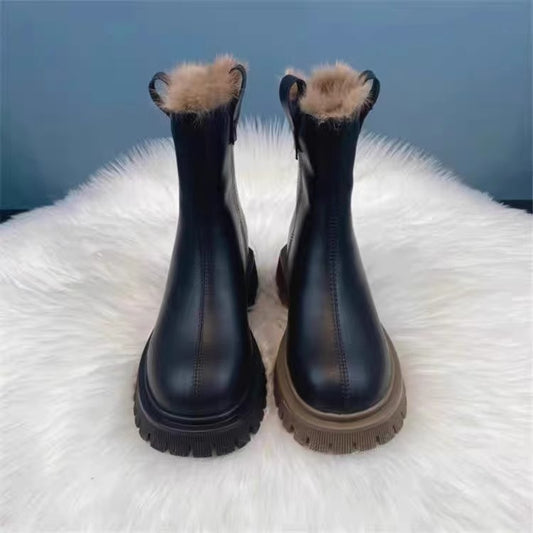 Damenschuhe aus dicker, mit Fleece gefütterter Baumwolle aus Nordostchina, dicke Sohle, rutschfeste Schneestiefel, Stiefeletten mit Rauchrohr