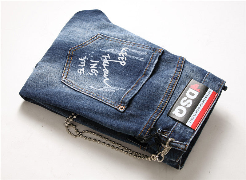 Men Jeans berühmte D2 Männer dünne Jeans Hosen Herren Denim Hose Reißverschluss blau Loch Bleistift Hosen