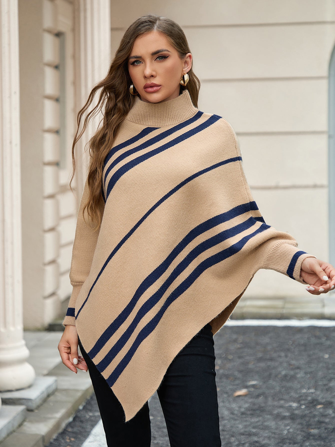 Women's Half Turtleneck Pullover Sweater Striped Batwing Sleeve Shawl