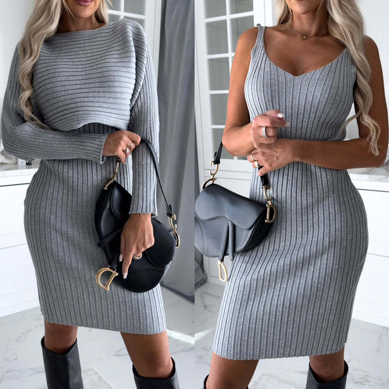 Women's suit sunken stripe long sleeve top suspender skirt