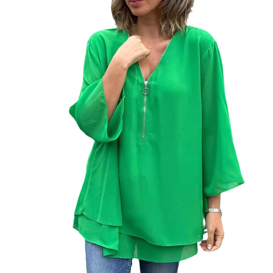 Women's V-neck 34 Sleeves Casual Chiffon Top Metal Loose Zip