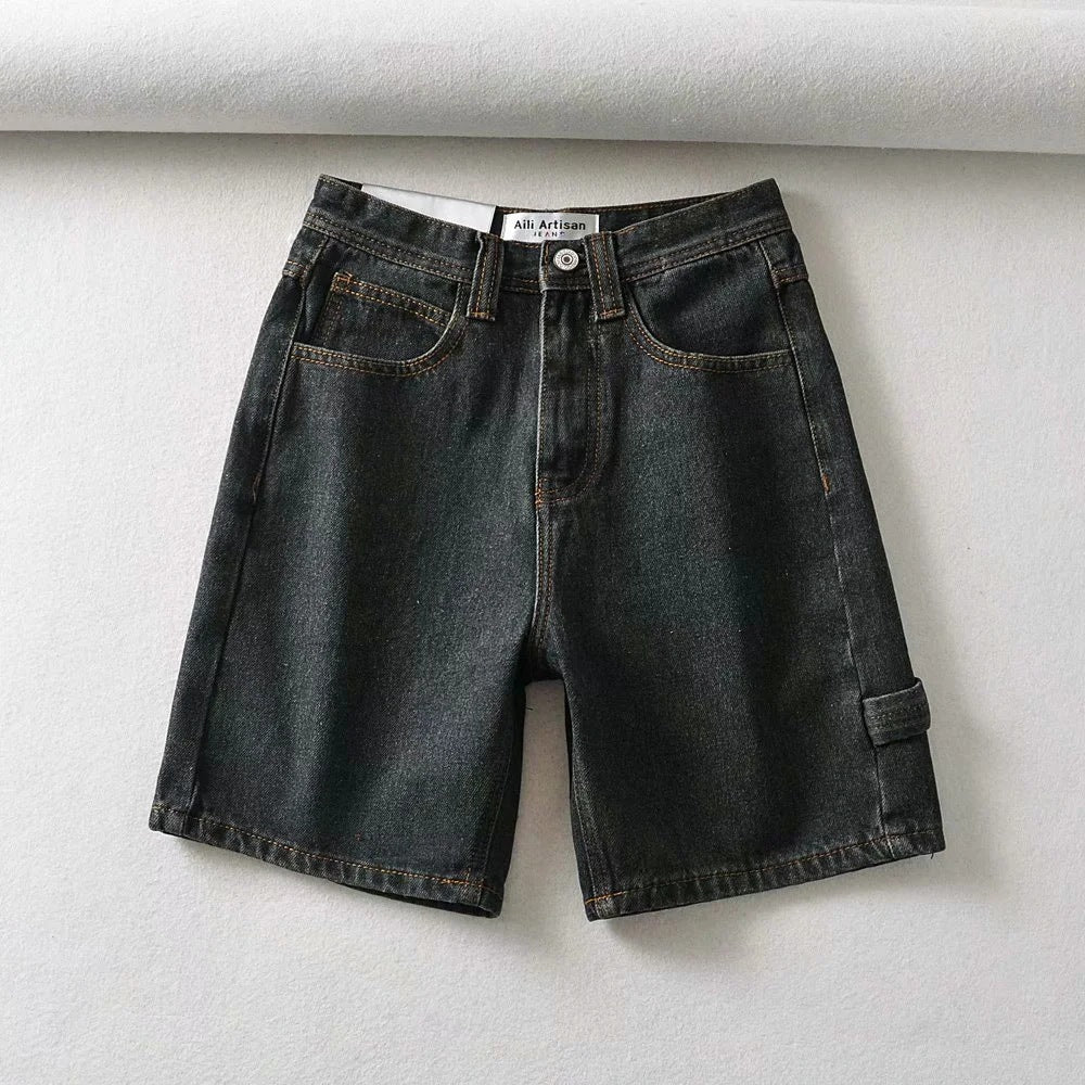 Herren-Jeansshorts mit hoher Taille und Taschen-Jeansshorts, die die Beine als Arbeitskleidung lang erscheinen lassen