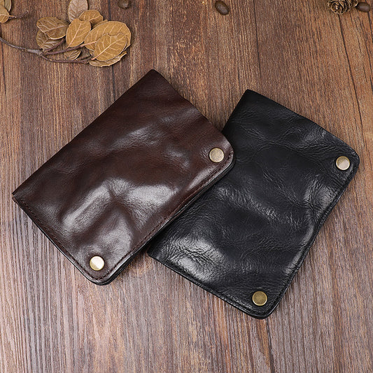 Men's Pleated Leather Vertical Purse Short First Layer Cowhide Zipper Small Card Bag