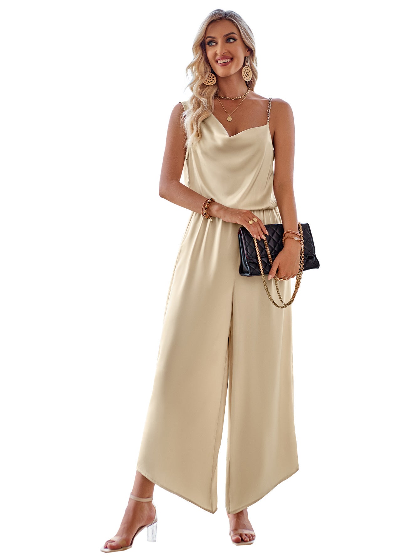 Women Fashion Casual Solid Color Suspender Waist Wide Leg Jumpsuit