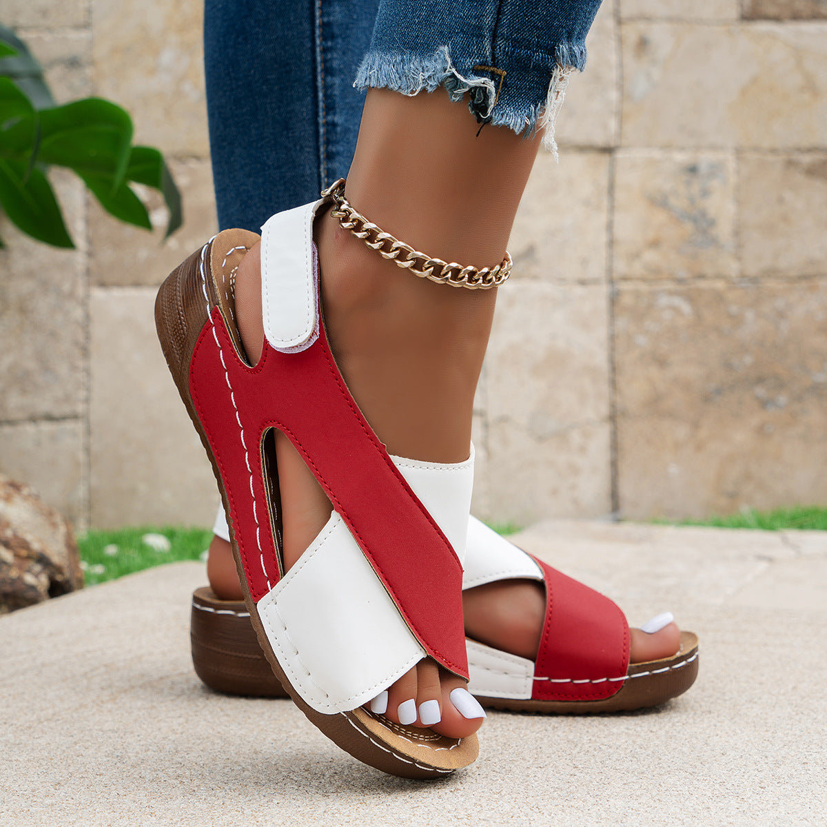 Women's summer wedge sandals with color block cross-strap design casual with thick soles