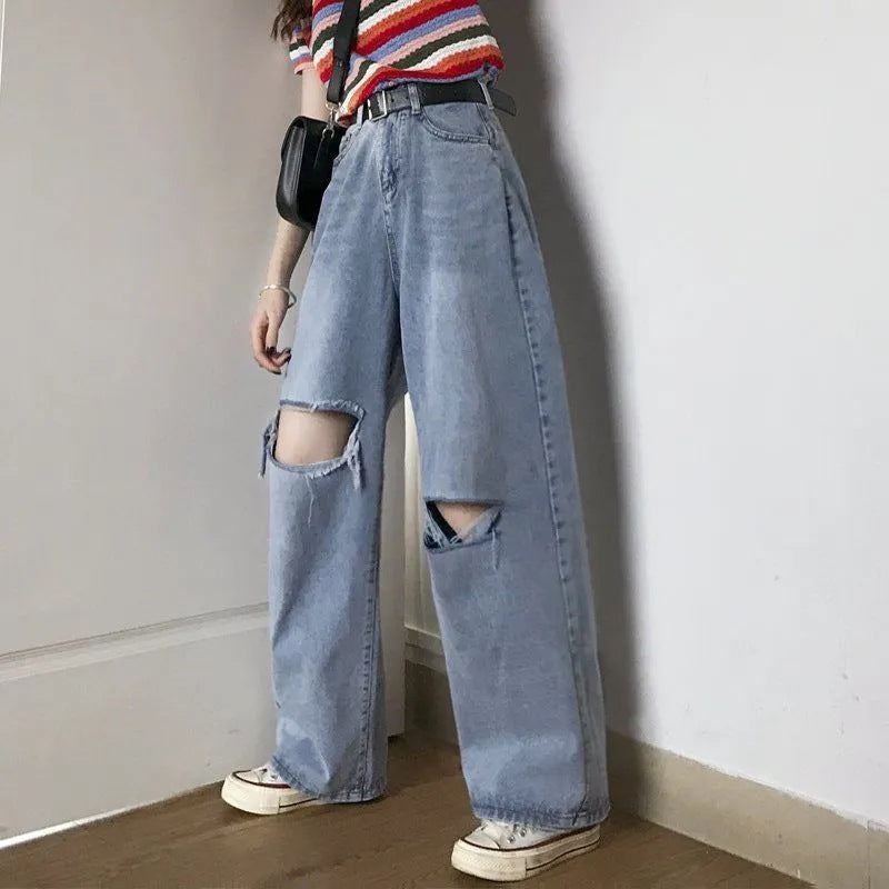 Women Loose Slimming High Waist Student Straight Knee Ripped Jeans Women