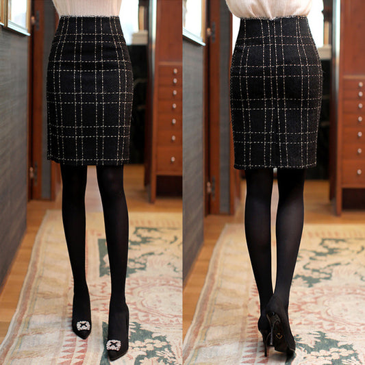 Women's Business High Waist Plaid Sheath A- Line Slimming Woolen Midi Skirt