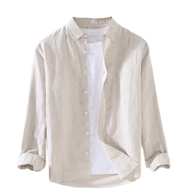 Men Spring And Summer Men's Linen White Long-sleeved Shirt