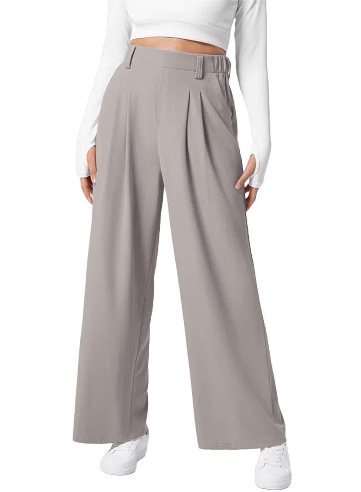 Women's wide leg pants elastic high waist waffle knit casual