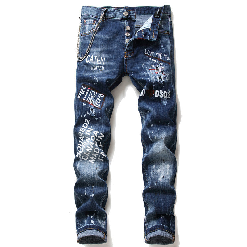 Men Jeans berühmte D2 Männer dünne Jeans Hosen Herren Denim Hose Reißverschluss blau Loch Bleistift Hosen