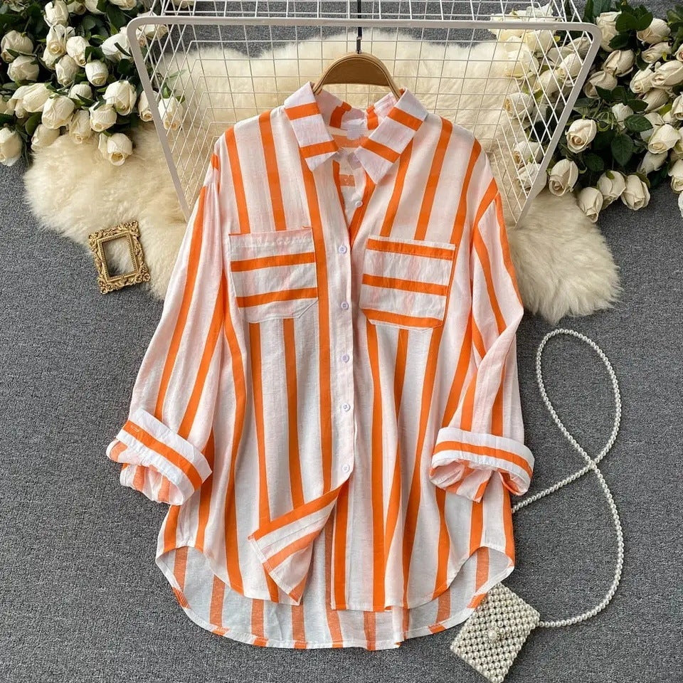 Women's Mid-length Vertical Stripes Multi-color Shirt Coat Casual Loose Top